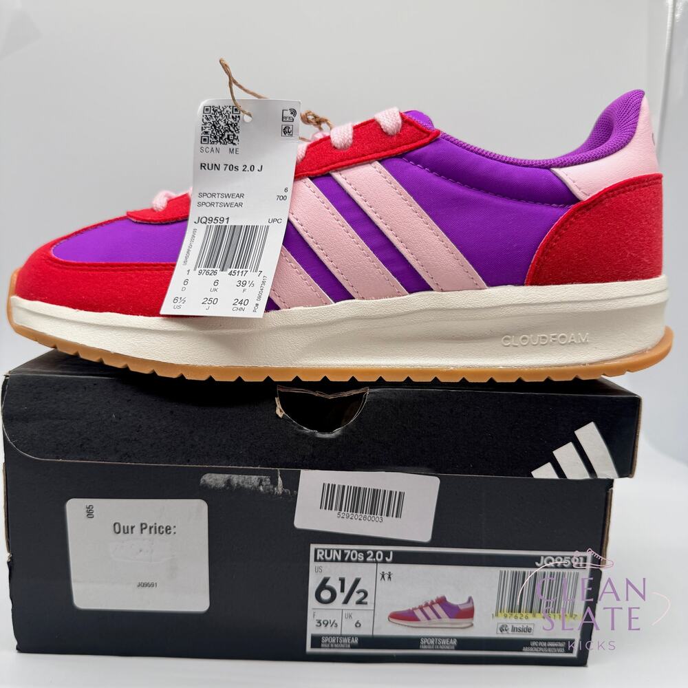 Adidas · Run 70s 2.0 J · JQ9591 · Purple/Pink/Red · Kids 6.5Y